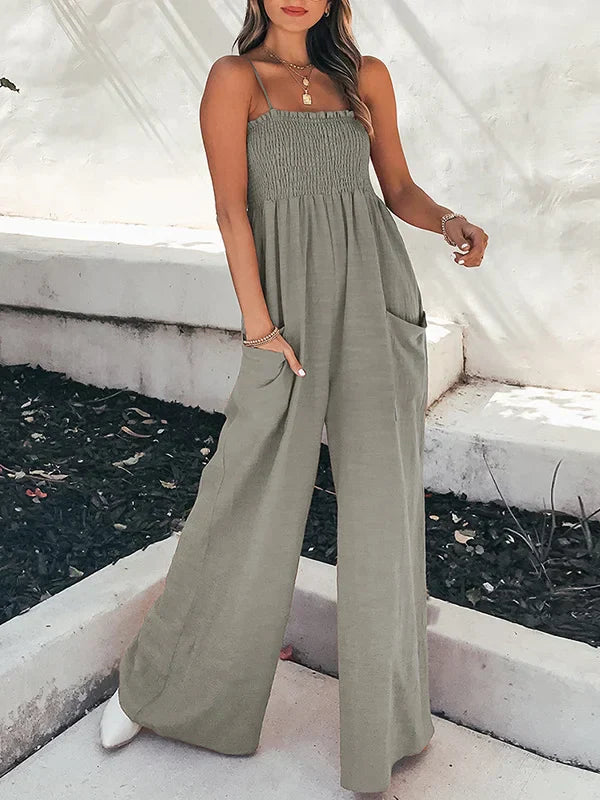 Sara - Spaghetti-neck, high-waisted, loose-fitting, stretch jumpsuits with pleated pockets