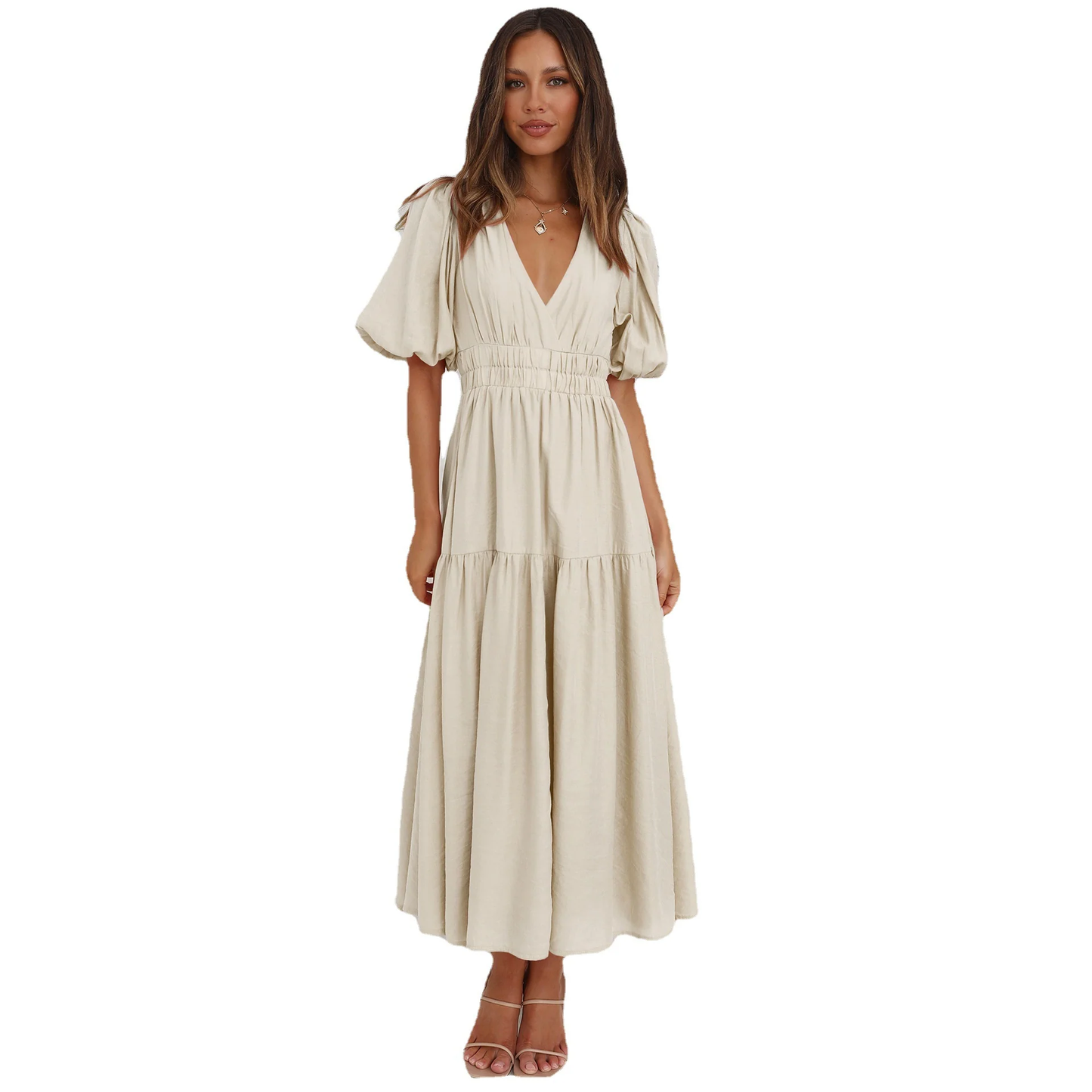 Lea - Women's summer advanced-sense vacation dresses with a deep V-neckline and puff sleeves