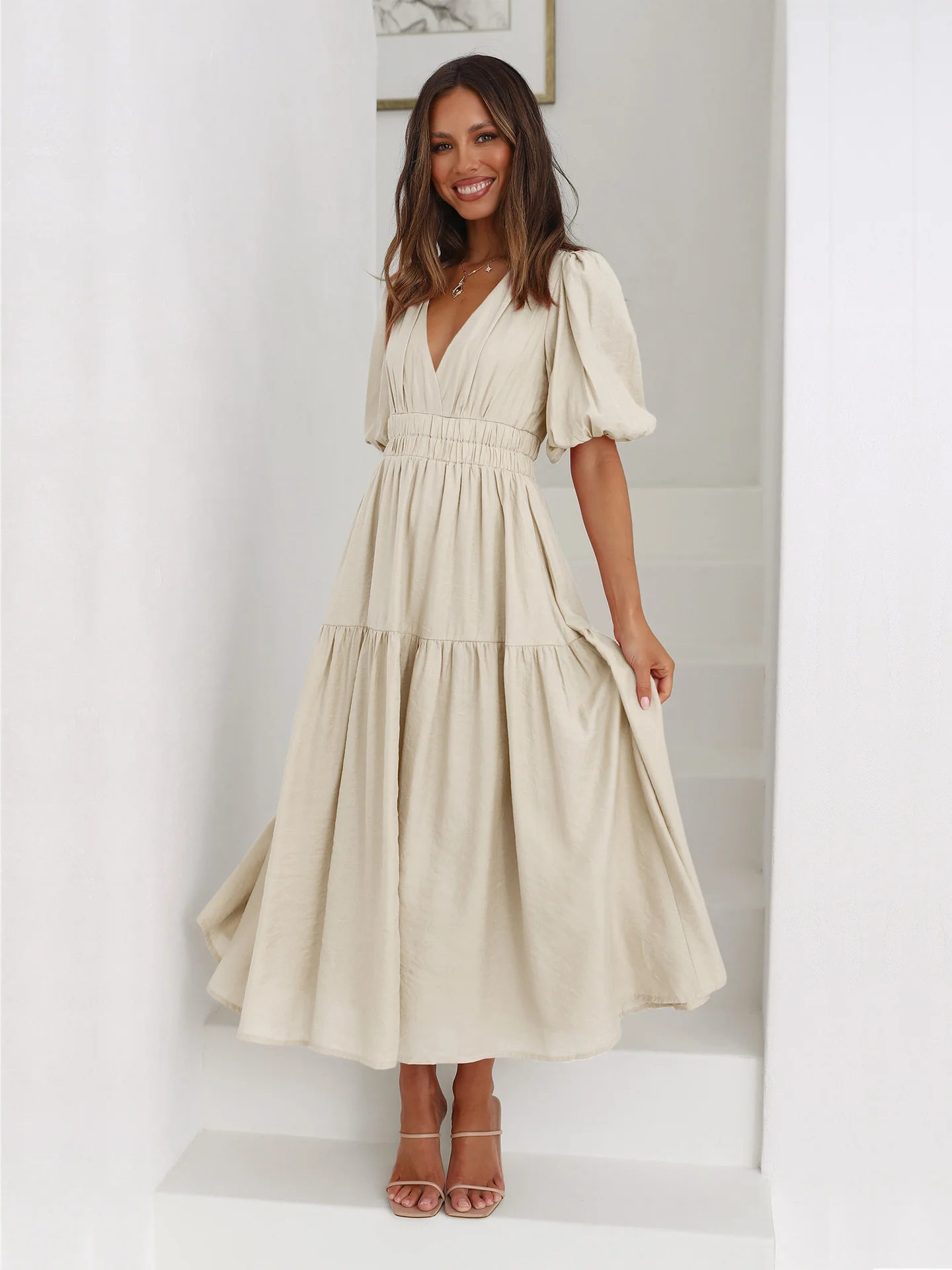 Lea - Women's summer advanced-sense vacation dresses with a deep V-neckline and puff sleeves