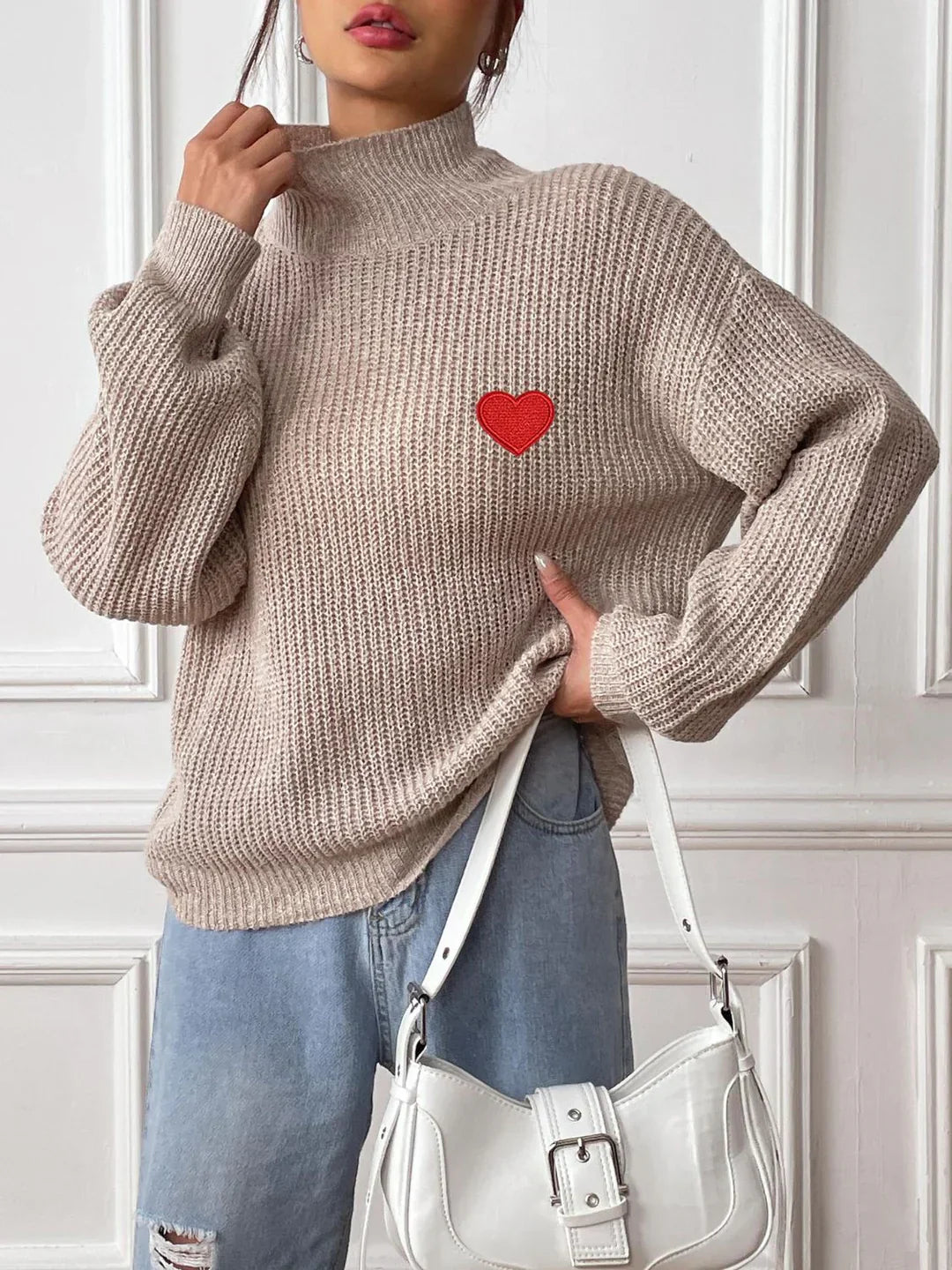 Cozy Turtleneck Sweater with Dropped Shoulders and Heart Design