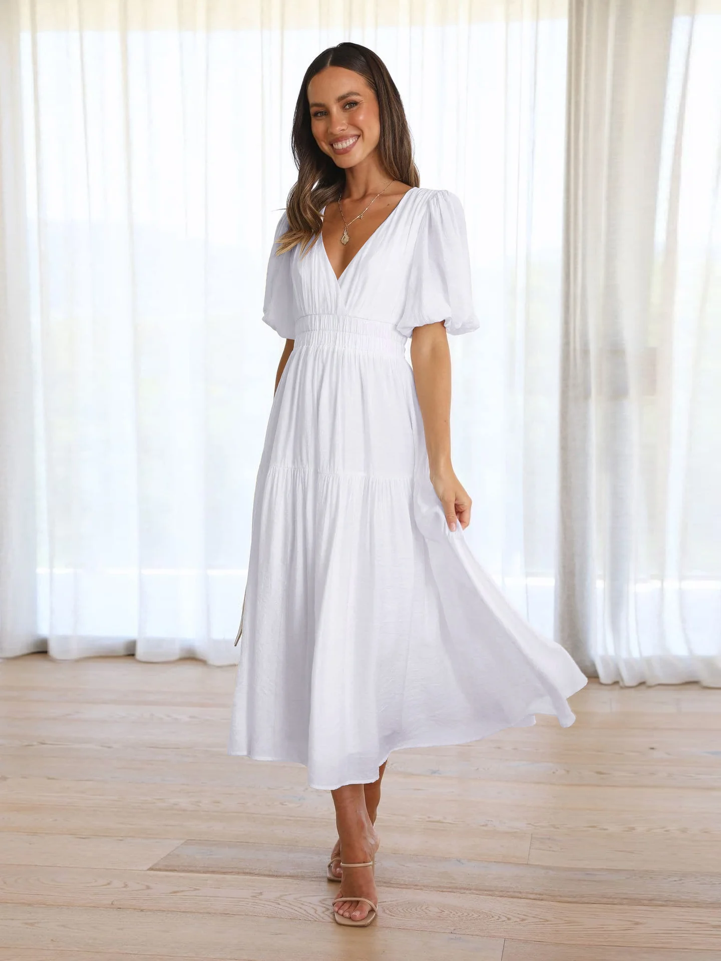 Lea - Women's summer advanced-sense vacation dresses with a deep V-neckline and puff sleeves