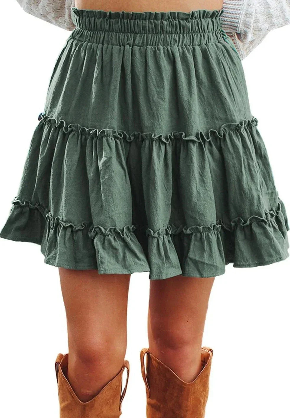 Rihanna - High waisted smocked skirt with ruffles green