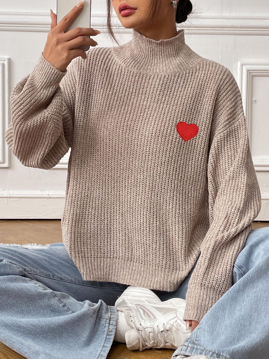 Cozy Turtleneck Sweater with Dropped Shoulders and Heart Design