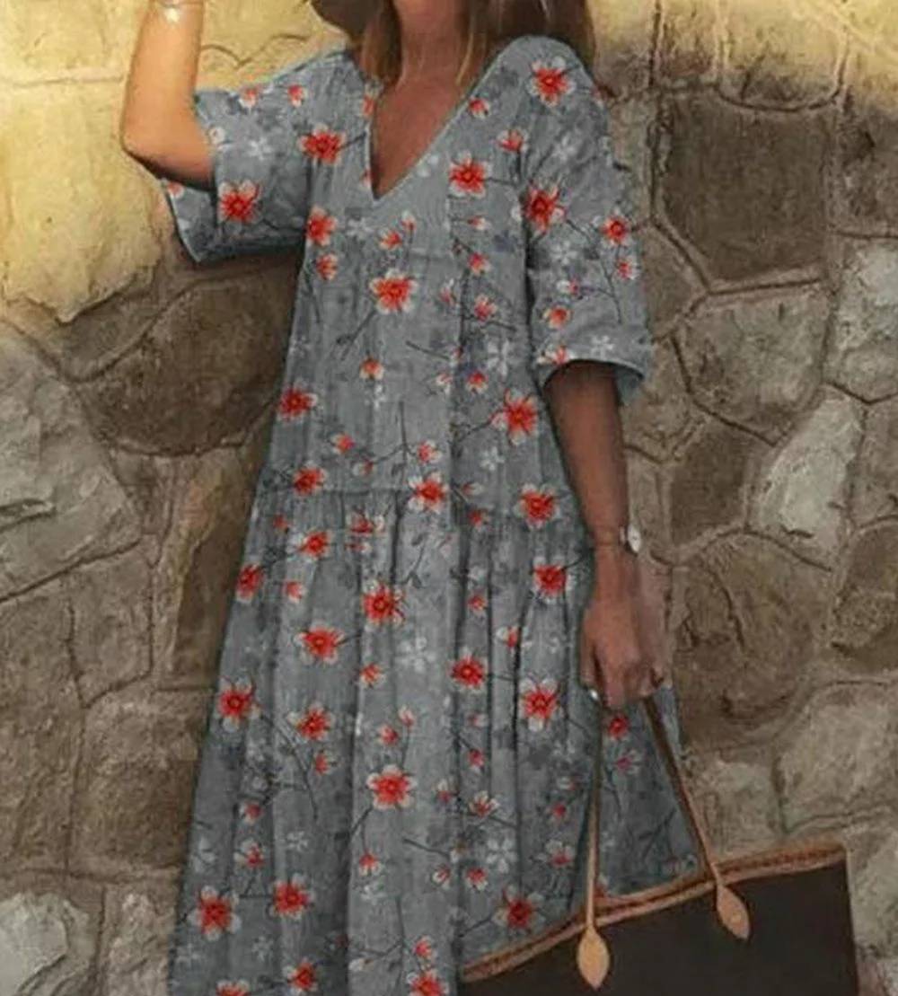 Claudia - Casual dress with V-neckline and floral tunic