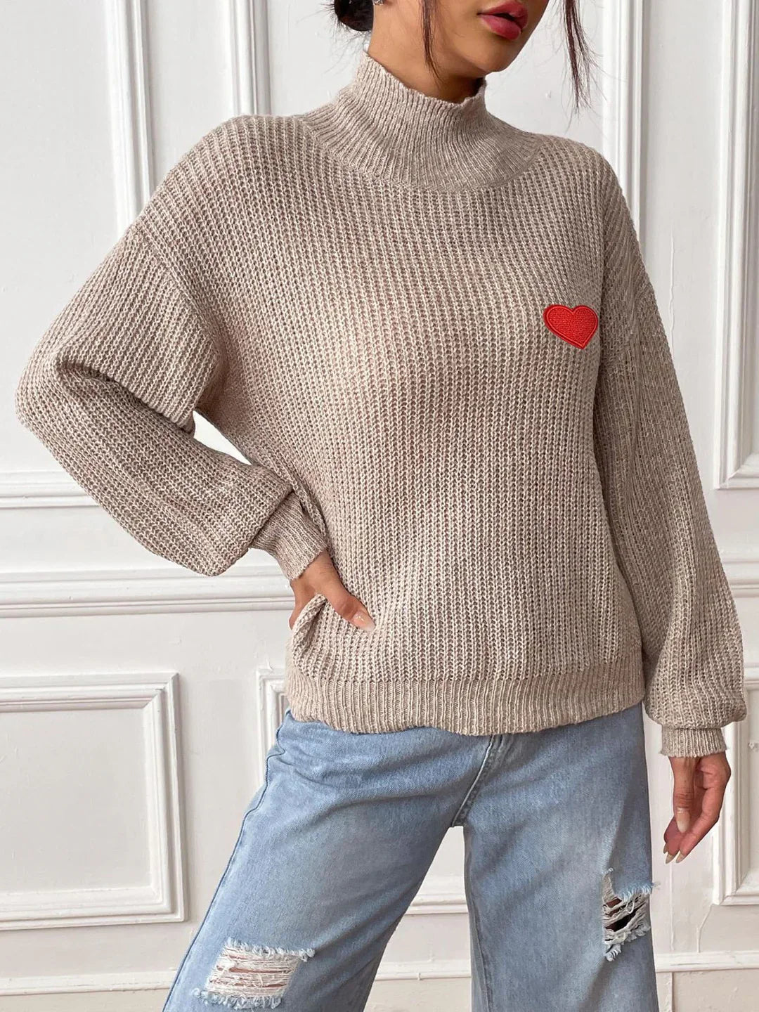 Cozy Turtleneck Sweater with Dropped Shoulders and Heart Design