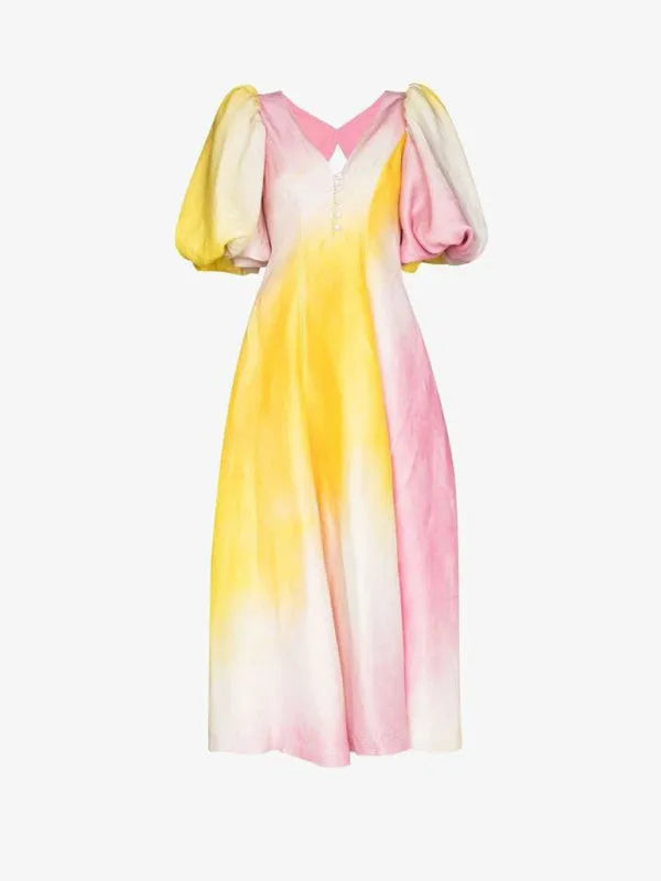 Delia - New fashion colorful V-neck lantern sleeve dress