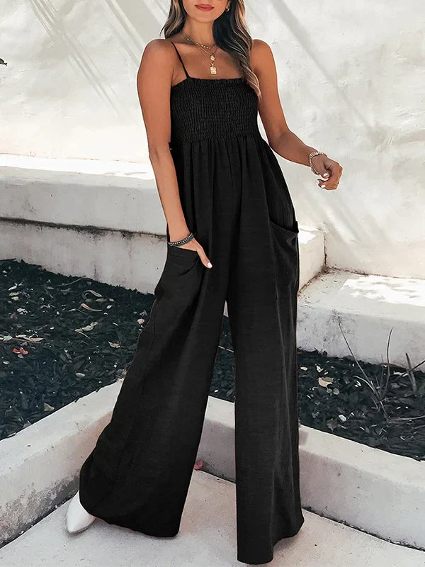 Sara - Spaghetti-neck, high-waisted, loose-fitting, stretch jumpsuits with pleated pockets