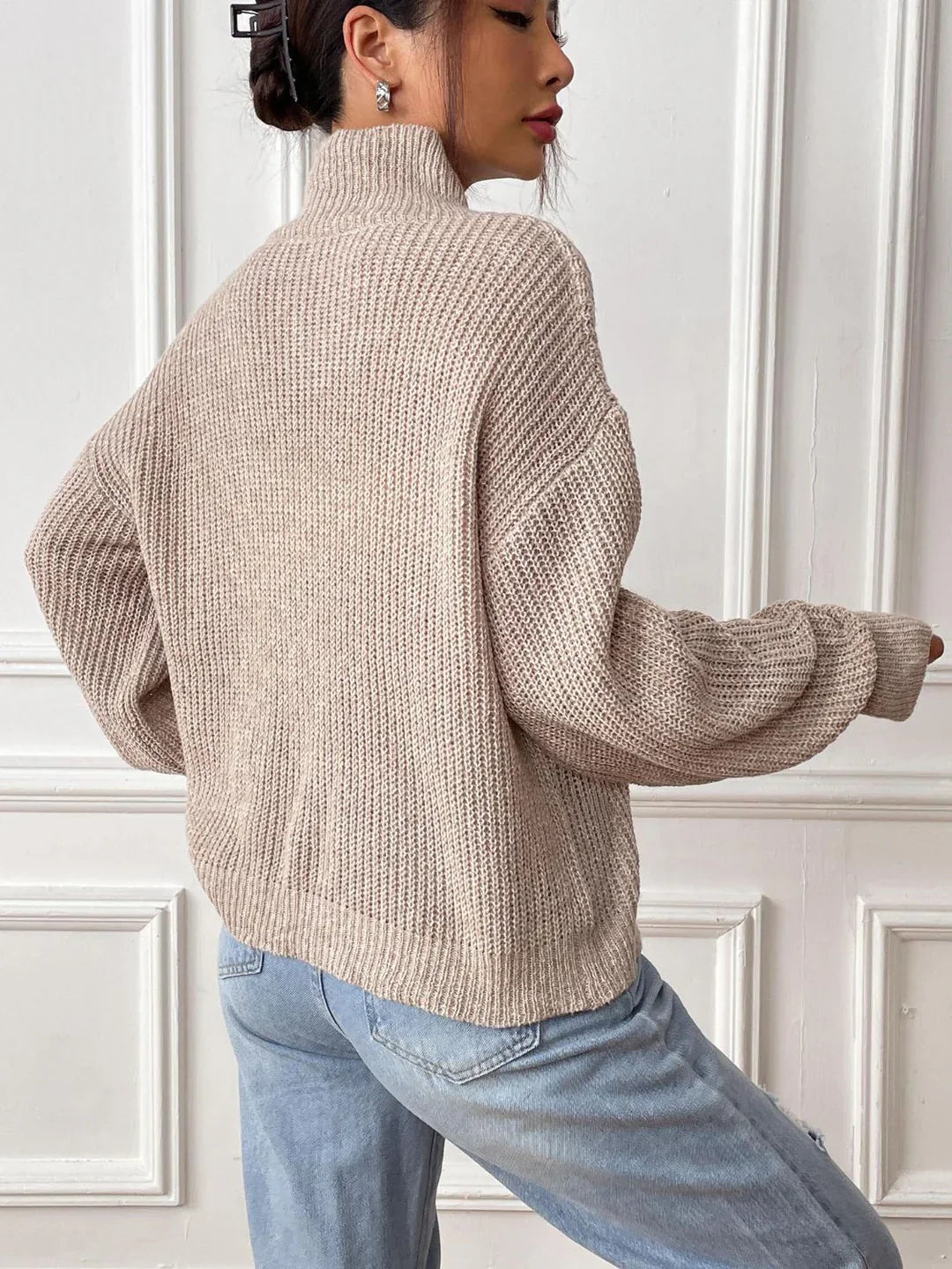 Cozy Turtleneck Sweater with Dropped Shoulders and Heart Design