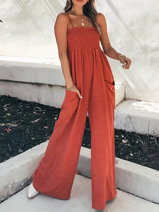 Sara - Spaghetti-neck, high-waisted, loose-fitting, stretch jumpsuits with pleated pockets