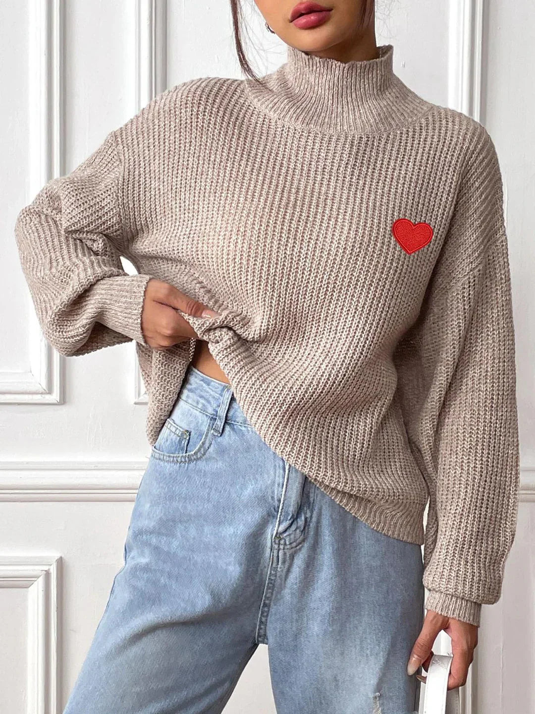 Cozy Turtleneck Sweater with Dropped Shoulders and Heart Design